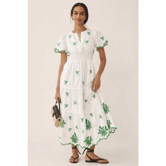 Anthropologie Dresses & Skirts - Anthropologie - Somerset White Eyelet Maxi Dress w/ Green Floral Embroidery, M